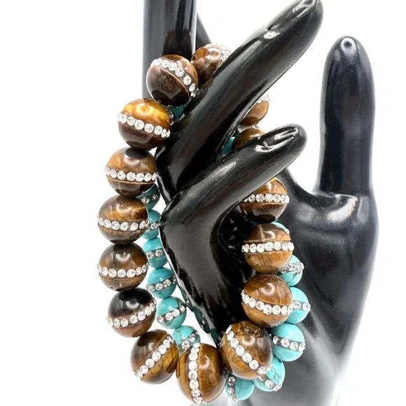 Turquoise Color & Tiger's Eye Bead Stretch Bracelets w/Banded Rhinestone Inlay - Picture 4 of 7